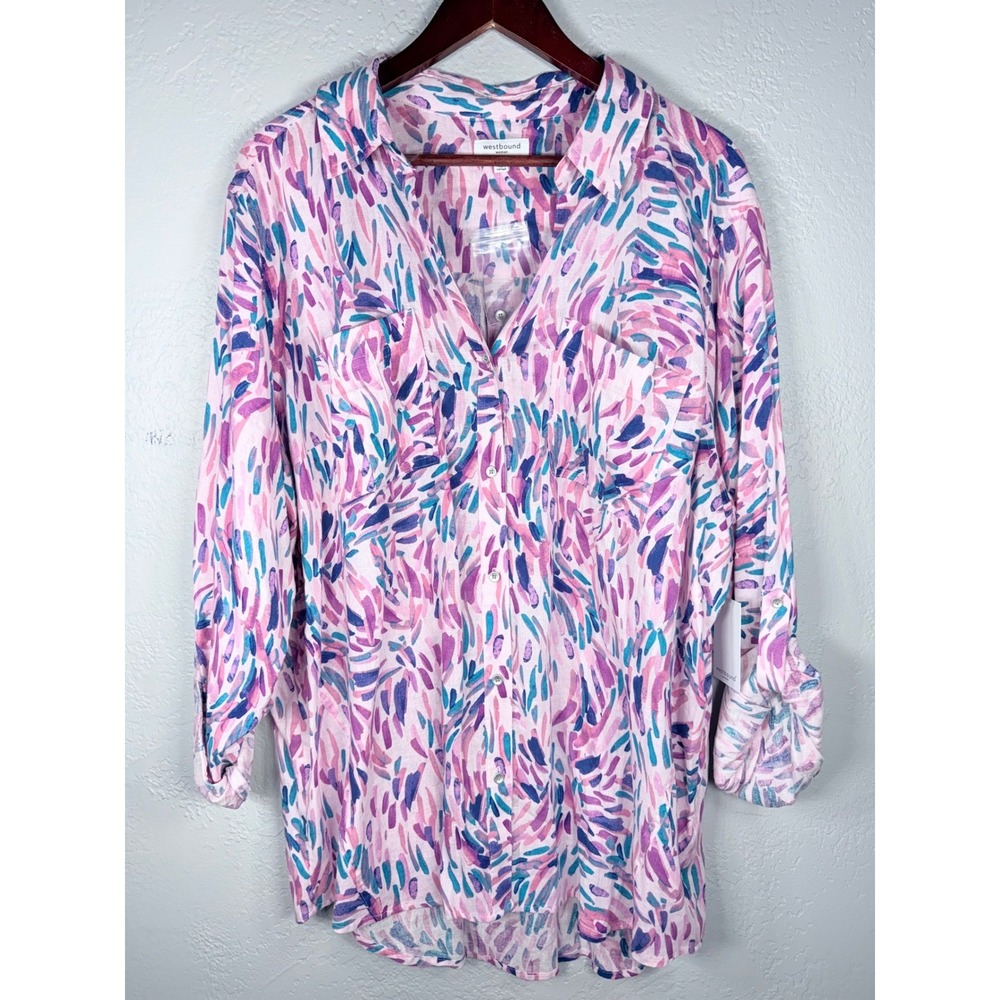 Westbound Woman Plus Size 2X Linen Blend Abstract Print Roll Tab Button Down New
